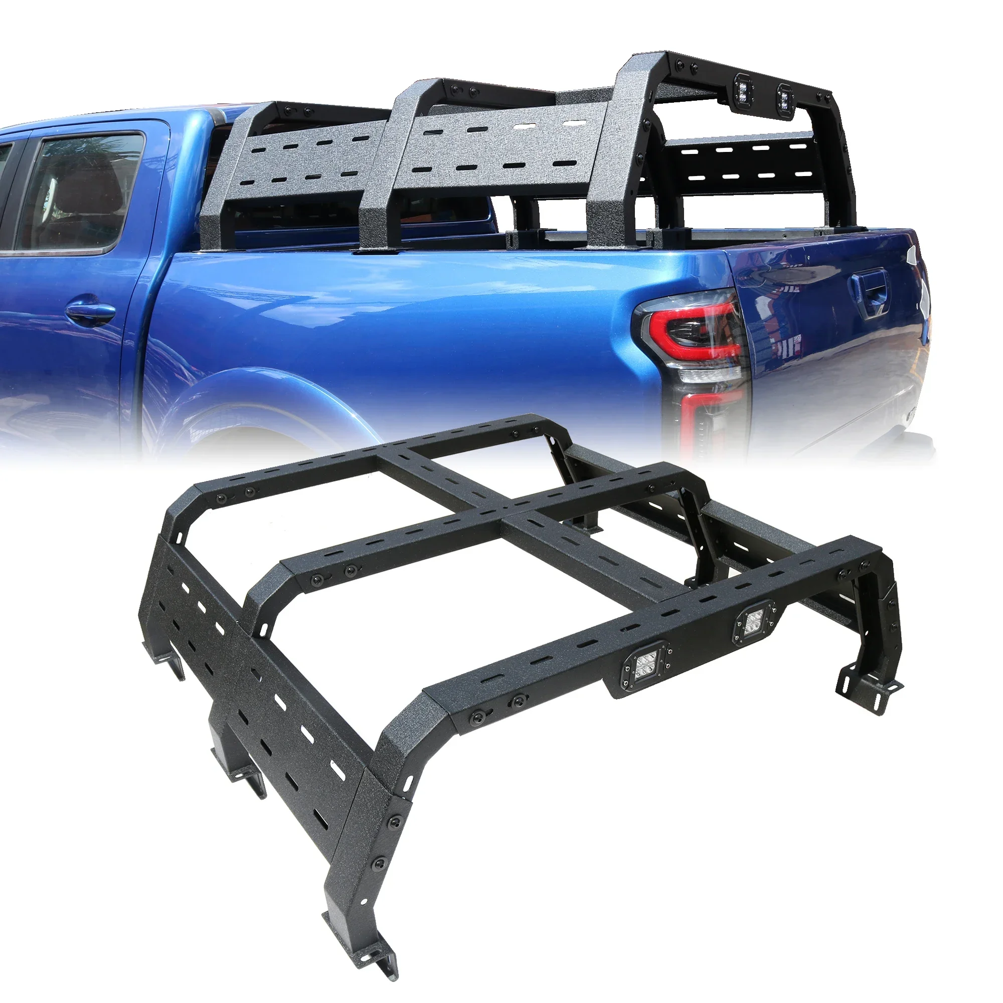 Universal Adjustable Truck Bed Rack Roll Bar with Red Light & 2x LED Work Lamp Bar for Pick Up Truck