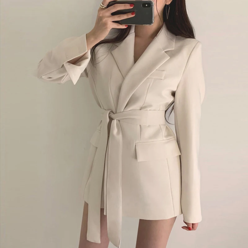 2023 Frauen lange Outwear Jacke Schärpen fallen ol koreanische neue Mode feste Blazer britischen Stil elegante schwarz beige Blazer Mantel