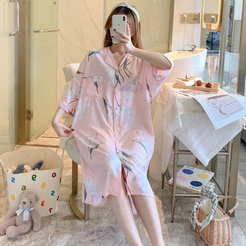 Baggy Nightgowns Women Summer Print Sleepwear Gentle Soft Breathable Korean Fashion Aesthetic Clothes All-match Home Wear Mujer