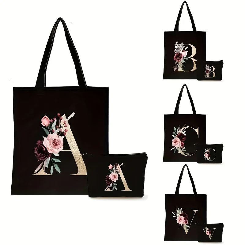 

Элегантная сумка-тоут с цветочным принтом и алфавитом, многоразовая экологичная сумка для покупок для женщин, вместительная сумка для поездок на работу, повседневная сумка, подарок