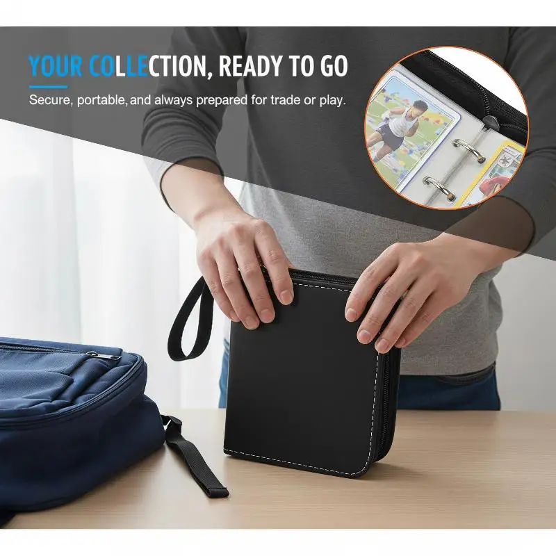 Waterproof PU Leather Side Load Zipper Card Binder 80 Slots Trading Card Album Ideal For Game/Sport Cards