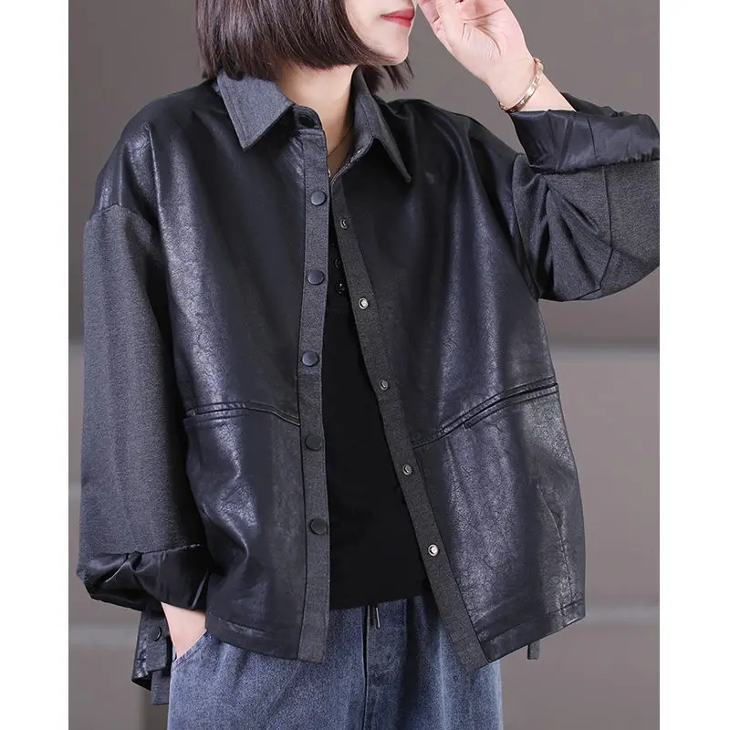 

Spring Autumn Women's Jacket 2023 New Korean Version Loose Large Size Art Ear Edge Knitted Spliced Leather Short Coat Z2341