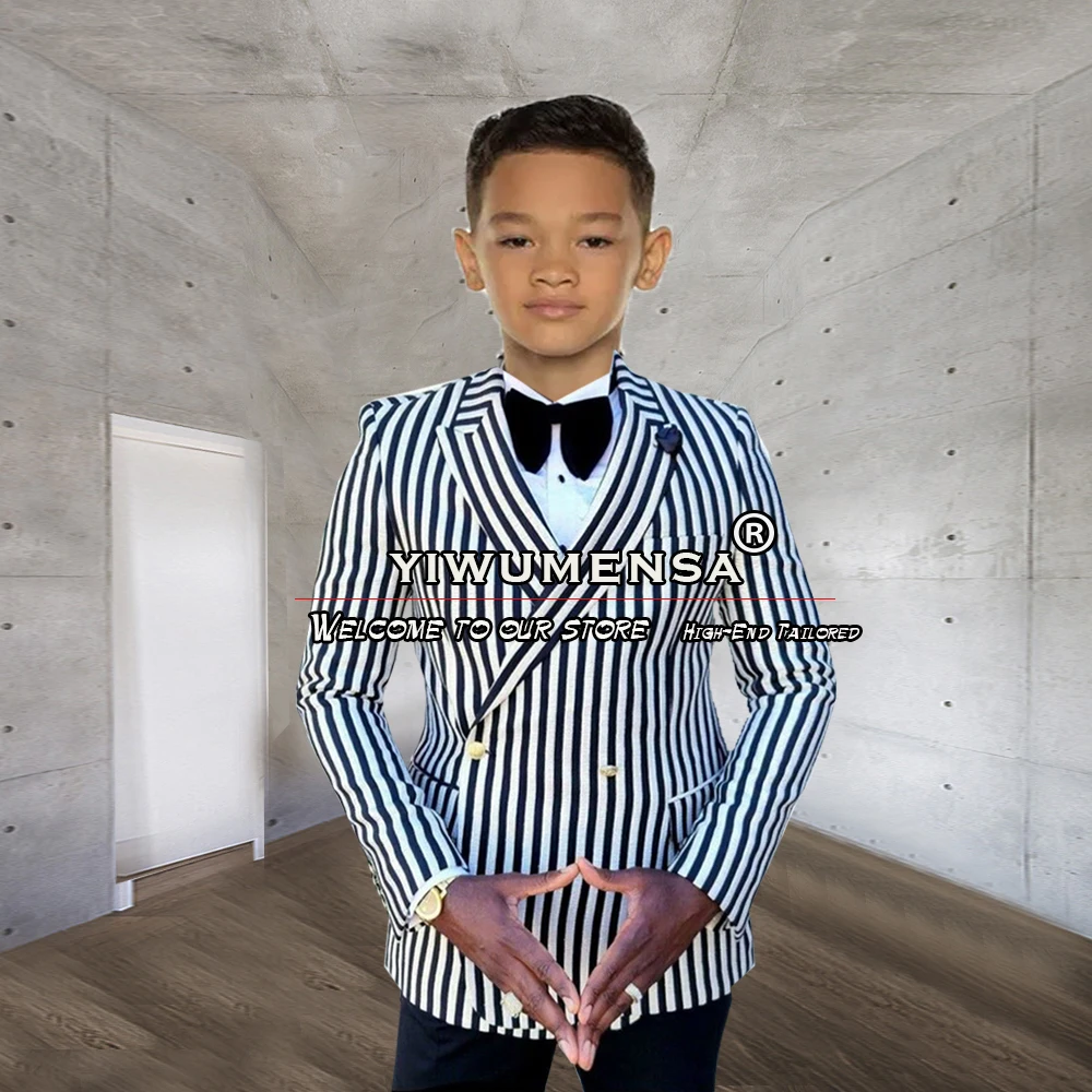 

Latest Design Boy Suits For Wedding White/Black Stripes Jacket Pants 2 Pieces Double Breasted Children Blazer Tailored Kid Sets