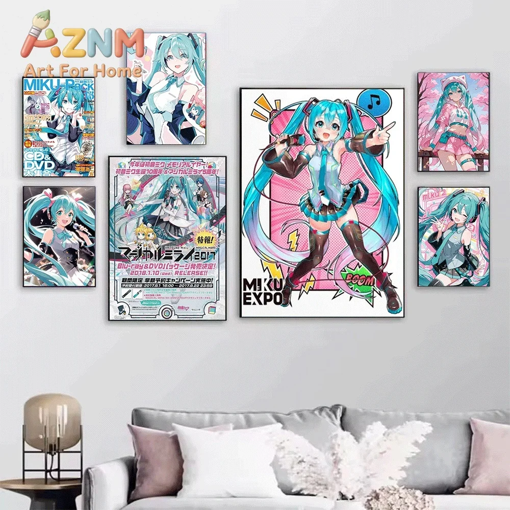 Hatsune Miku Vintage Magazine Cover Anime Canvas Painting Frameless Wall Art Print Poster Home Bedroom Living Room Cute Charac