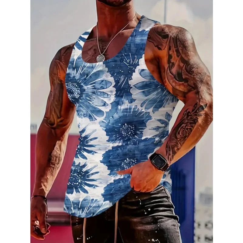 

3D Printed Coconut Tree Leaves Tank Tops For Men Plants Pattern Tees Summer Loose Vacation Street Sport Tops Round Neck Vest