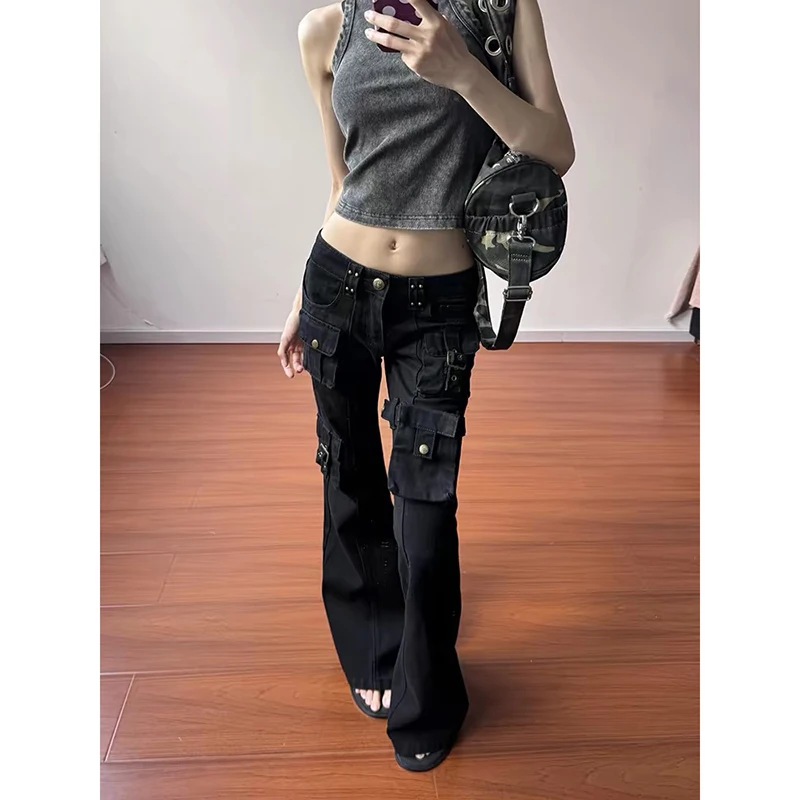 

YIBASHU Women Gothic Y2k Flare Jeans Harajuku Baggy Cargo Denim Trousers Aesthetic Low Waist Jean Pants Vintage 2000s Clothes