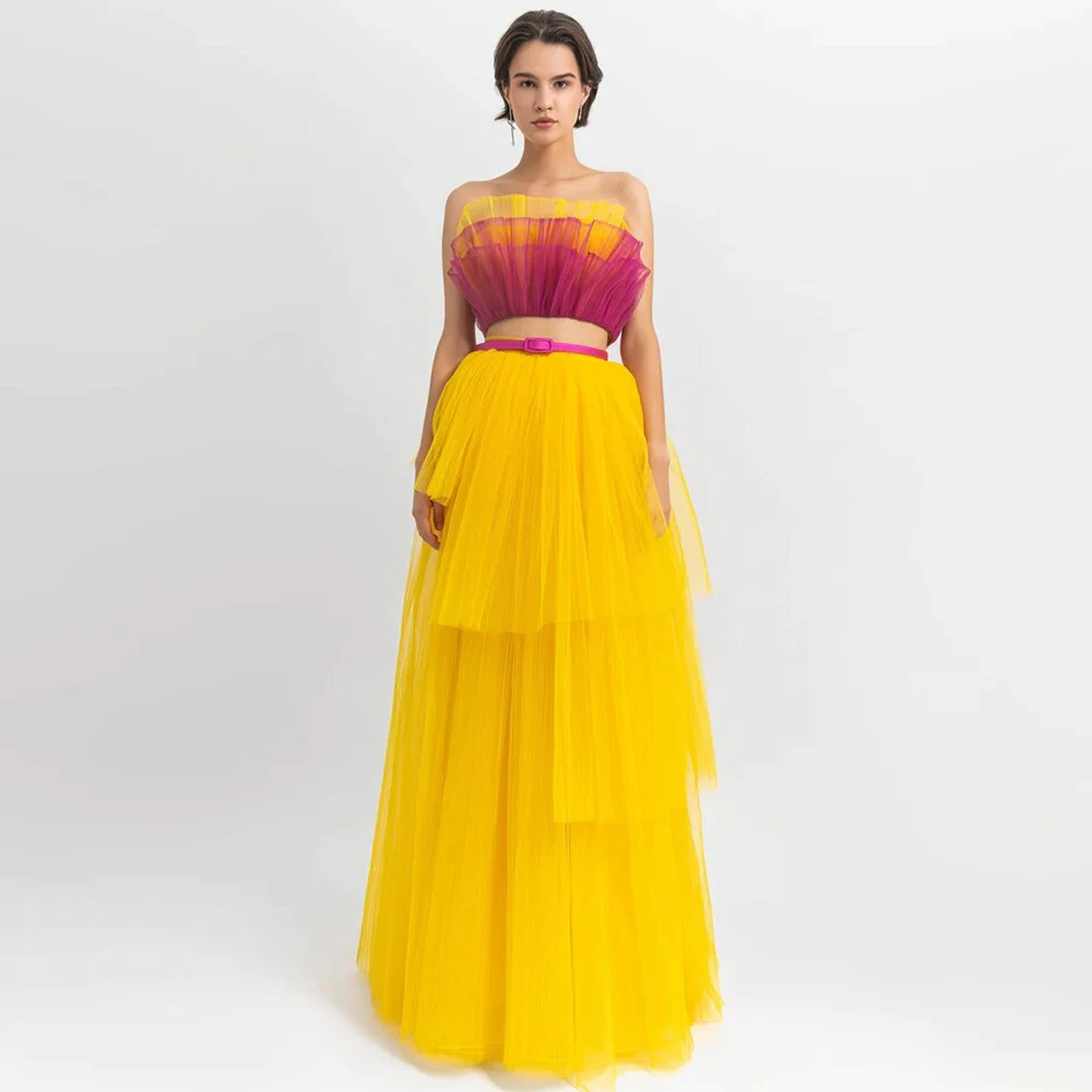 

Contrast Color Graduation Gowns Net Tiered Ruched Pleat Long Dresses A-line Strapless 2024 Bespoke Occasion Gown