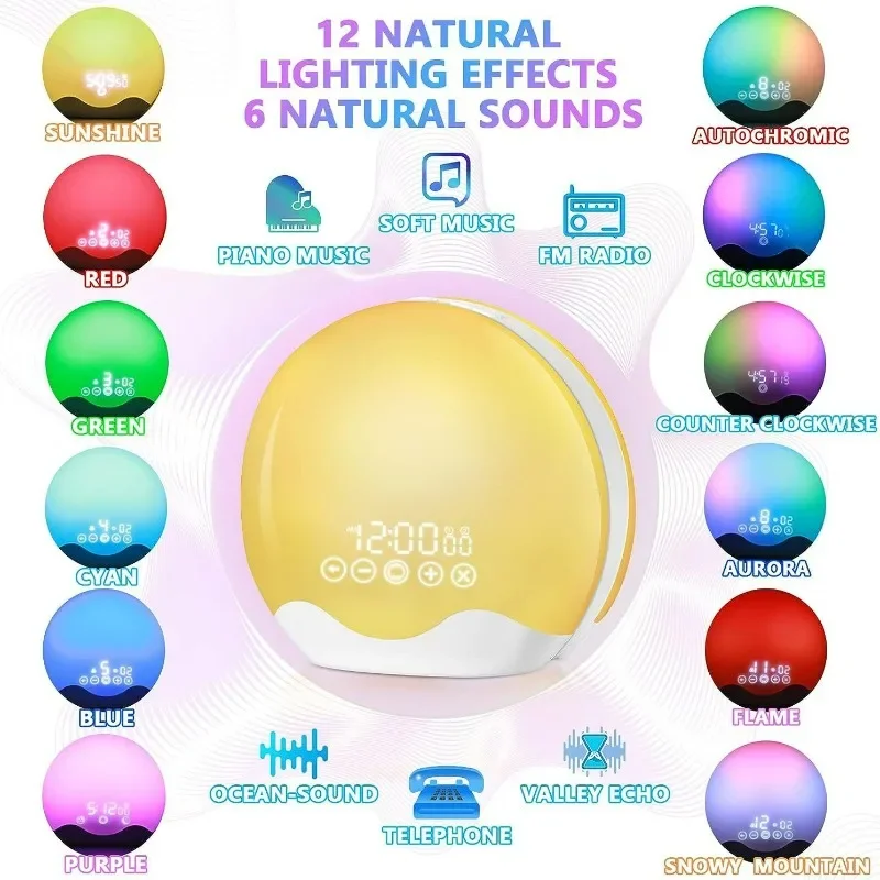 มัลติฟังก์ชั่นบรรยากาศที่มีสีสัน Night Light จําลองพระอาทิตย์ขึ้น Wake Up Light นาฬิกาปลุกหน้าแรกห้องนอนเด็กของขวัญ