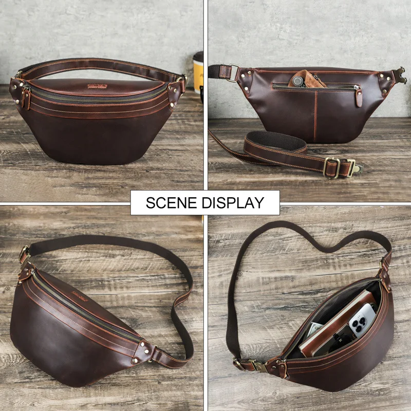Retro crazy horse cowhide large-capacity multi-functional real leather waist bag for both men and women for mobile phone storage