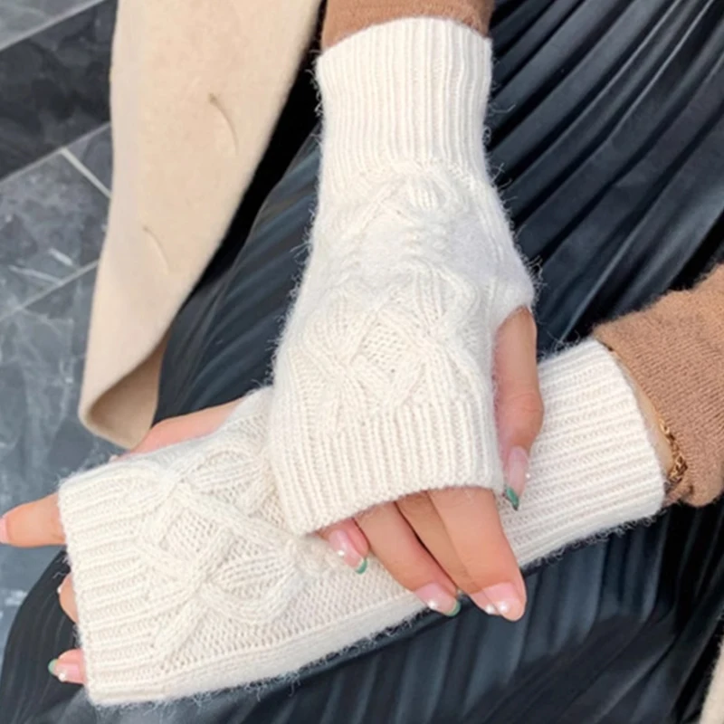 Korean Outdoor Winter Warm Fingerless Knitted Gloves Women Solid Color Stretch Mittens Exposed Finger Gloves Arm Warmers Guantes