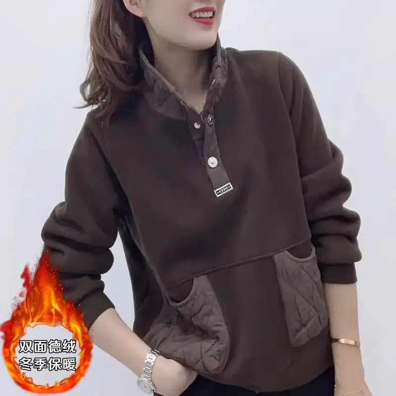 

New Winter Double-sided German Velvet Sweatshirt with Temperament and Versatility Large Pocket Stand Collar Solid Color Top