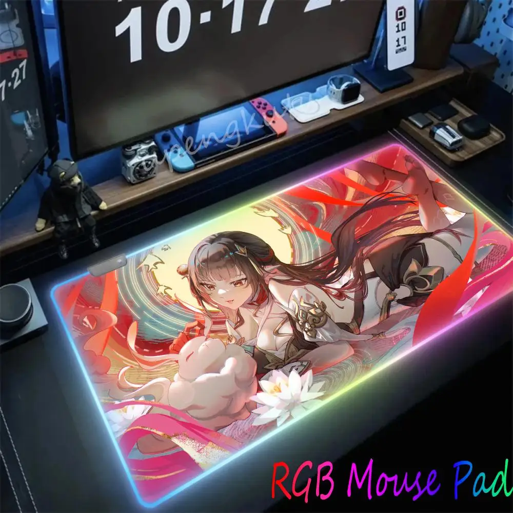 Lingsha Honkai Star Rail Girl Mousepad XXL RGB Gaming Mouse Pads HD Black Gamer Accessories Large LED 1000x500mm