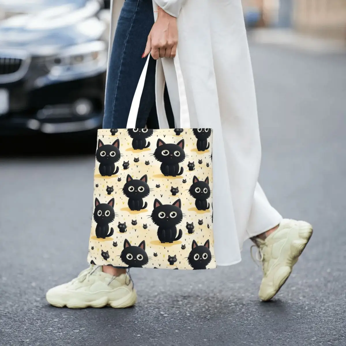 Sac fourre-tout en toile pour animaux de compagnie d'Halloween, sac à main de chat noir, sacs d'épicerie, sacs de shopping réutilisables, unisexe, mignon