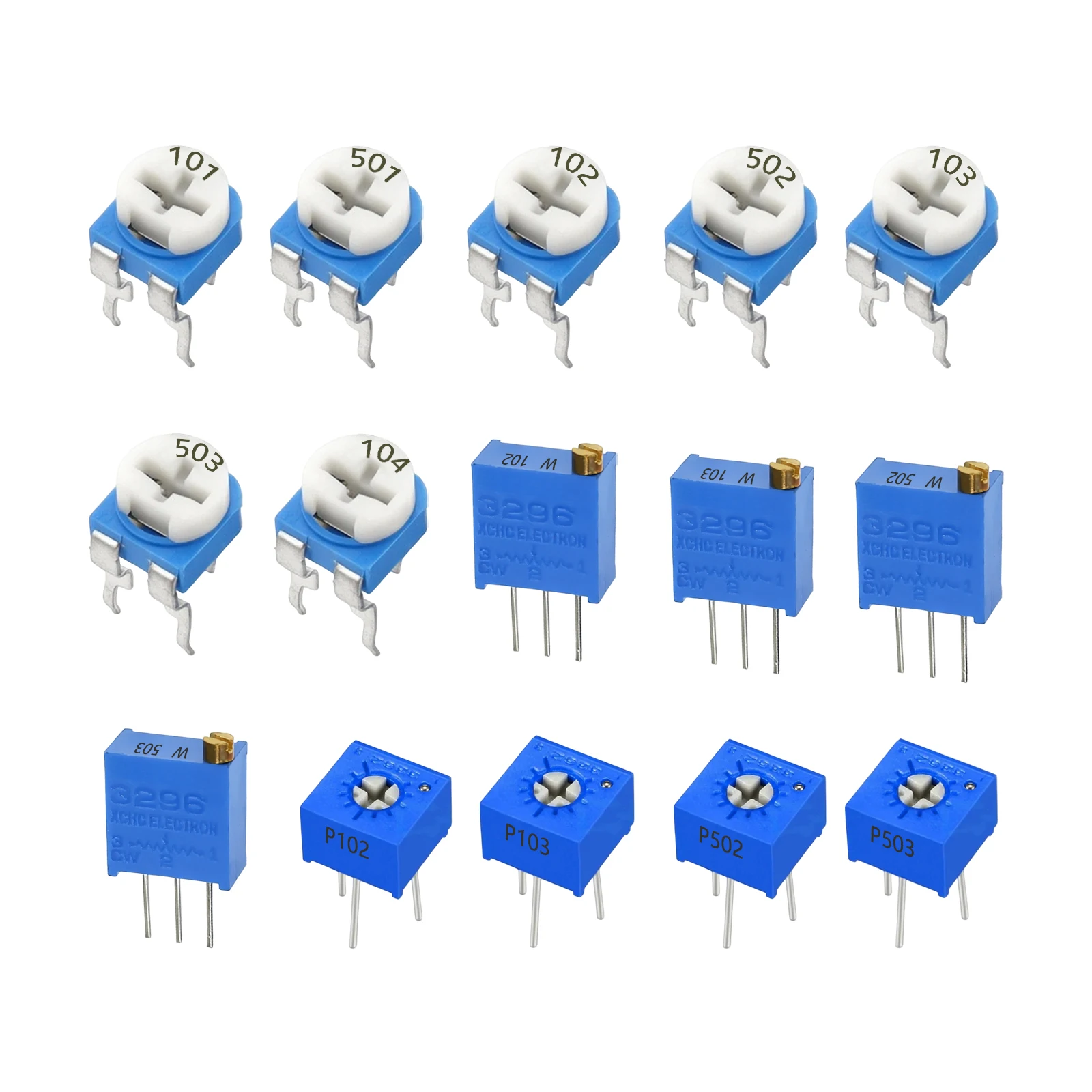15 Values Trimmer Potentiometer Kit RM065 3296W 3362P 101/501/102/502/103/503/104 100/500/1k/5k/10k/50k/100k ohm R Total 59 Pcs