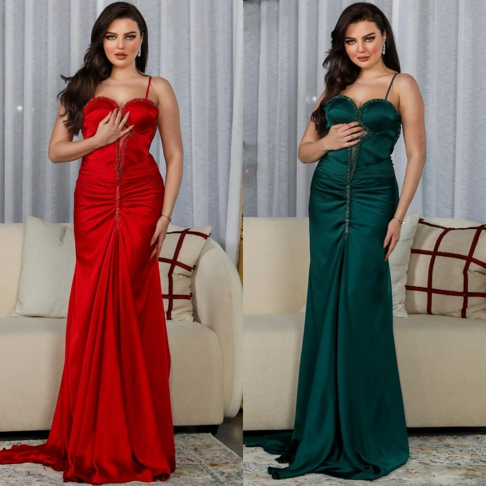 Satin Draped Beading Birthday A-line Spaghetti Strap Bespoke Occasion Gown Long Dresses