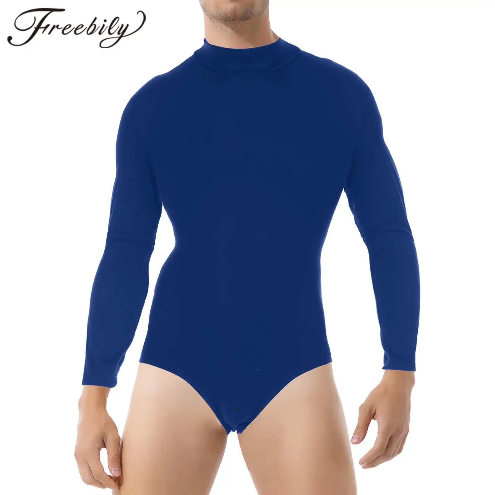 

Men's One-Piece Mock Neck Long Sleeve Swimwear for Male Press Button Crotch Latin Dance Bodysuit Hommes Gymnastics Leotard