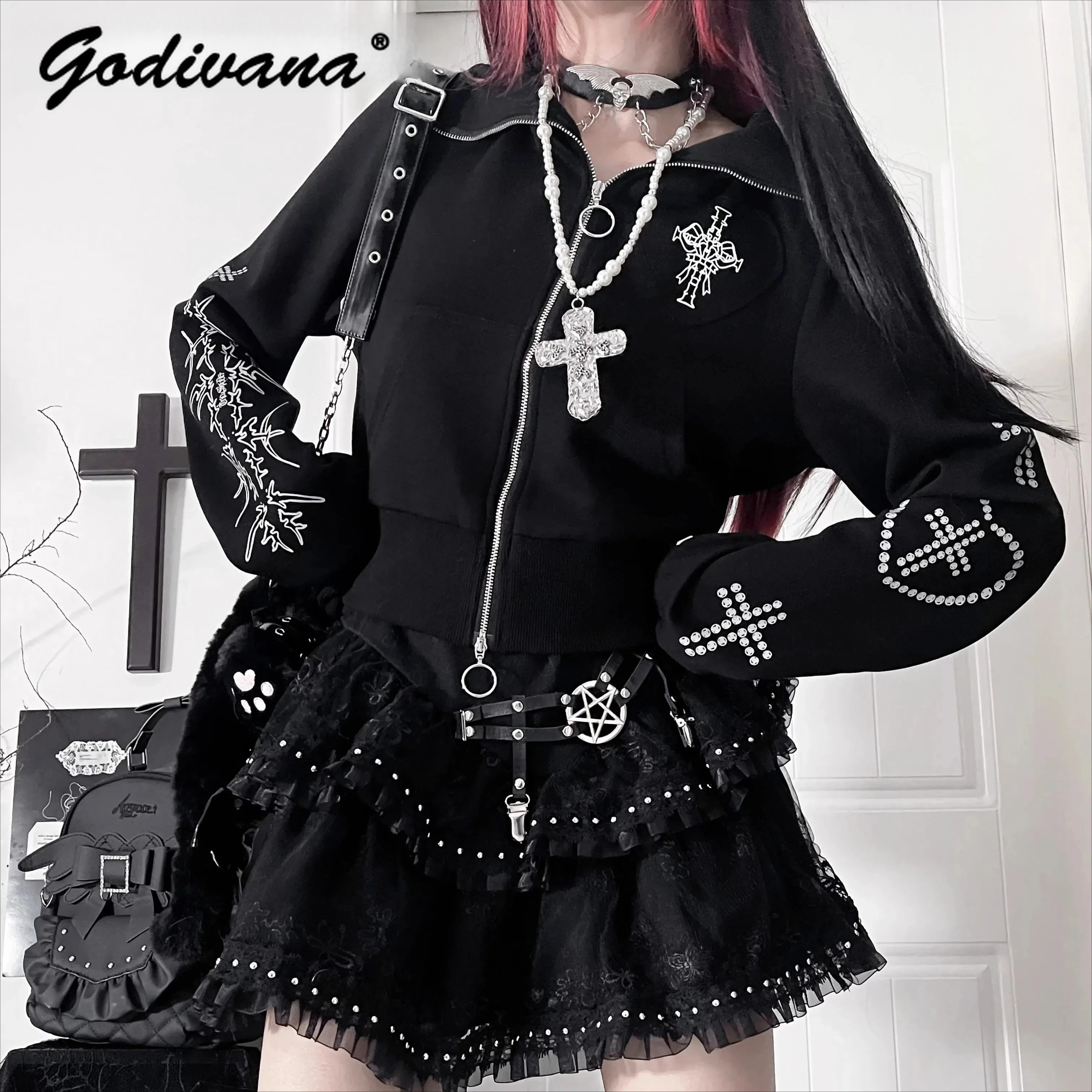 New Spring and Autumn Women's Gothic Zipper Hooded Cardigan Jacket New Subculture Girls Sweet Slim-Fit Short Hoodie Coat