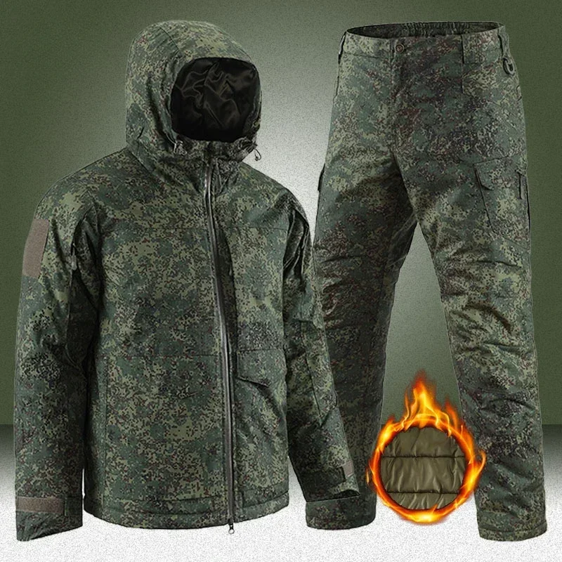 

RU Camo Winter Warm Sets Men Outdoor Thicken Multi-pocket Tactical Parkas+ Winterize Cargo Pant 2 Pcs Suits Polar Region Set