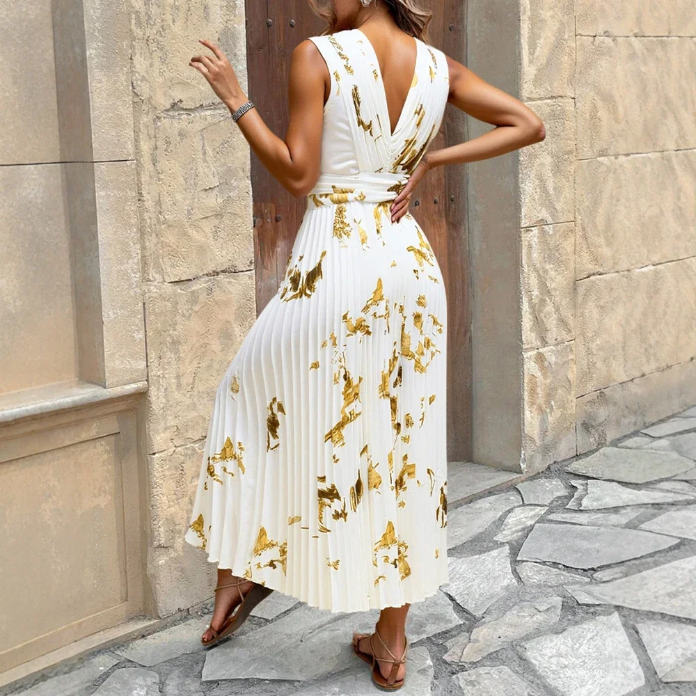 ชุดเดรสผู้หญิงฤดูร้อน ดีไซน์หรูหรา ทันสมัย ปี 2025 ลายพิมพ์ จีบระบาย แขนสั้น คอวี ทรงเอ สำหรับวันหยุดพักผ่อน ชุดเดรสยาวจีบระบาย