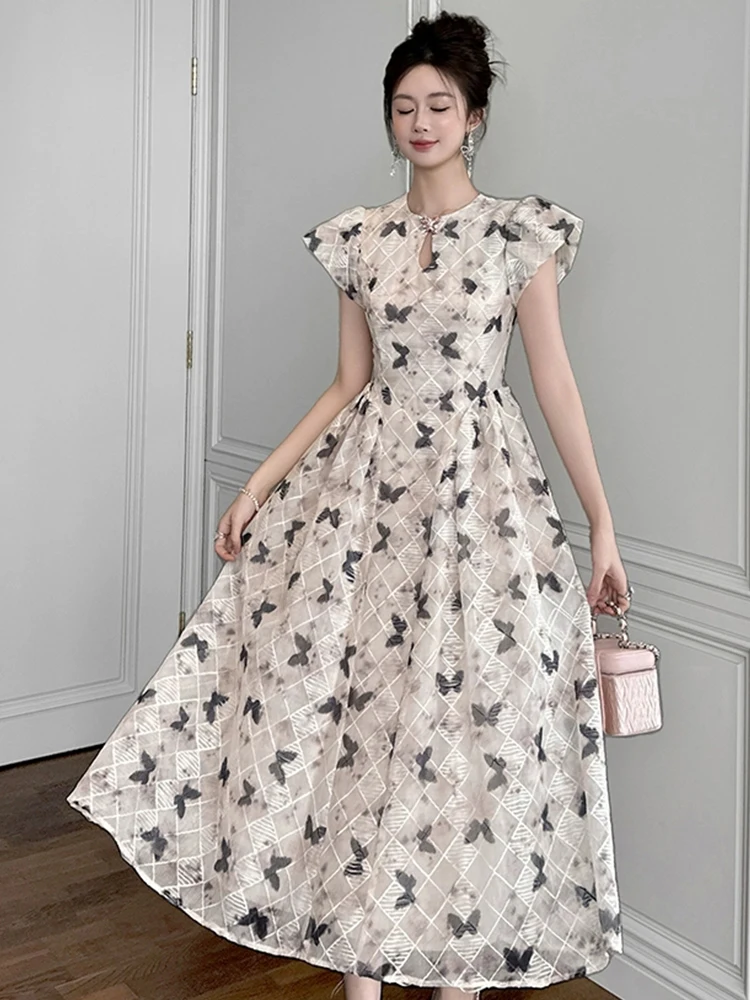 Abiti lunghi Qipao alla moda per le donne Abito cheongsam a pieghe dolce Stampa Hollow Cut Out Party Robe Abiti da sera da ballo femminili