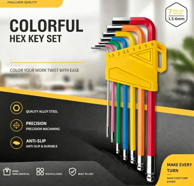 7-teiliger bunter Inbusschlüsselsatz mit Kugelkopf, metrischer Inbusschlüssel-Set, tragbares Handwerkzeug-Set für Reparaturen – Detail 2