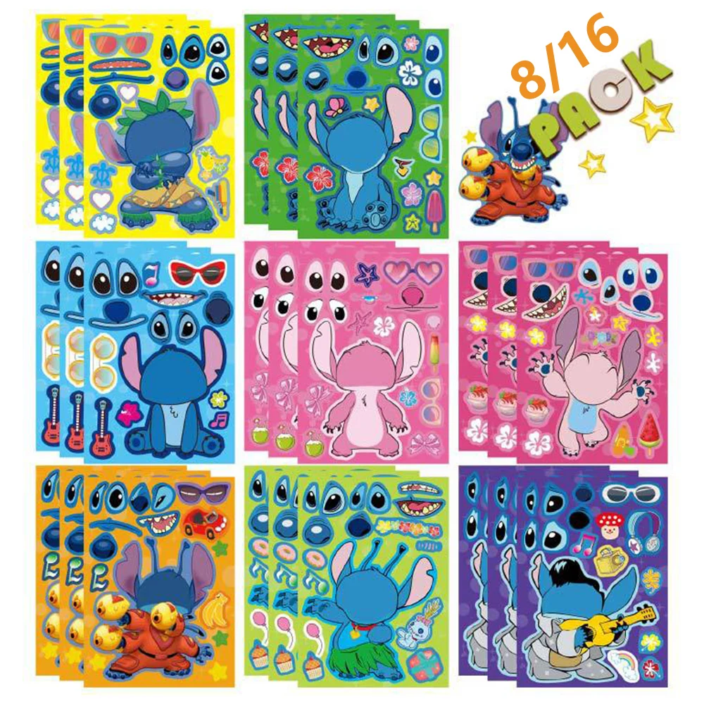 8/16Sheets Disney Stitch Cartoon Puzzle Stickers Children Make a Face DIY Toys Funny Assemble Jigsaw Kids Boys Girls Party Game