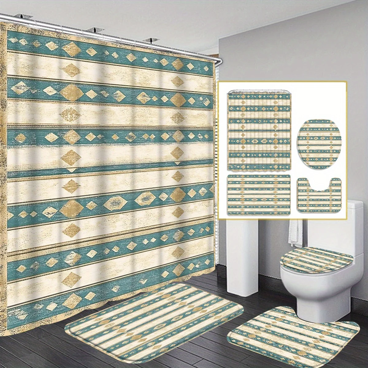 

Creative grid Decorative Shower Curtain Bathroom Set - Machine Washable, with 12 Hooks, including Toilet Seat Cover and Bathtub