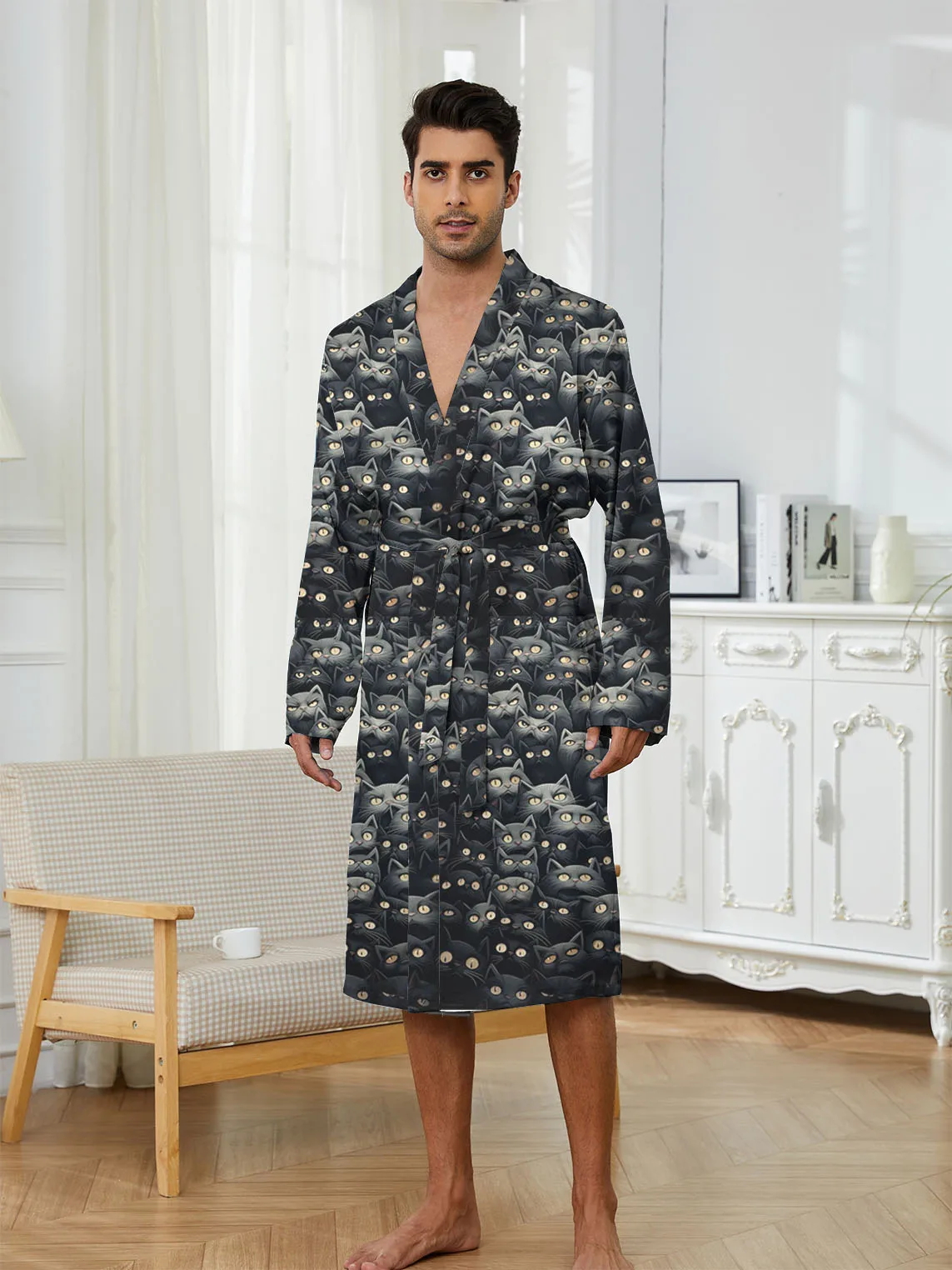 

Bathrobe man robe with digital printed black cat pattern, men's Funny pajamas robe for casual home quick drying