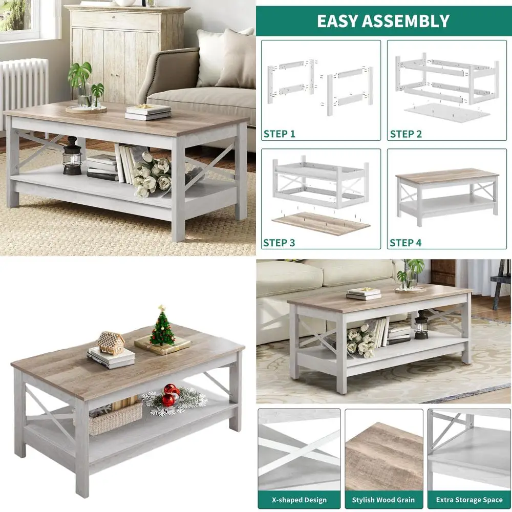 

Серый двухуровневый журнальный столик в стиле фермерского дома с отсеками для хранения для современных гостиных