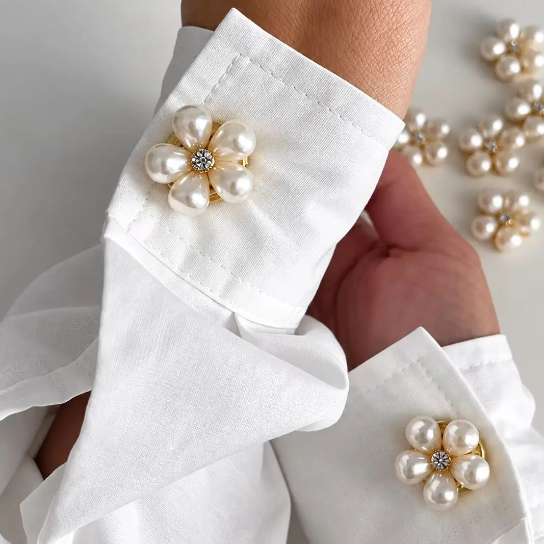 Elegant Pearl Flower Alloy Shirt Cufflinks Cuff Buttons for Women Vintage Blouse Sweater Accessories Formal Office Gifts