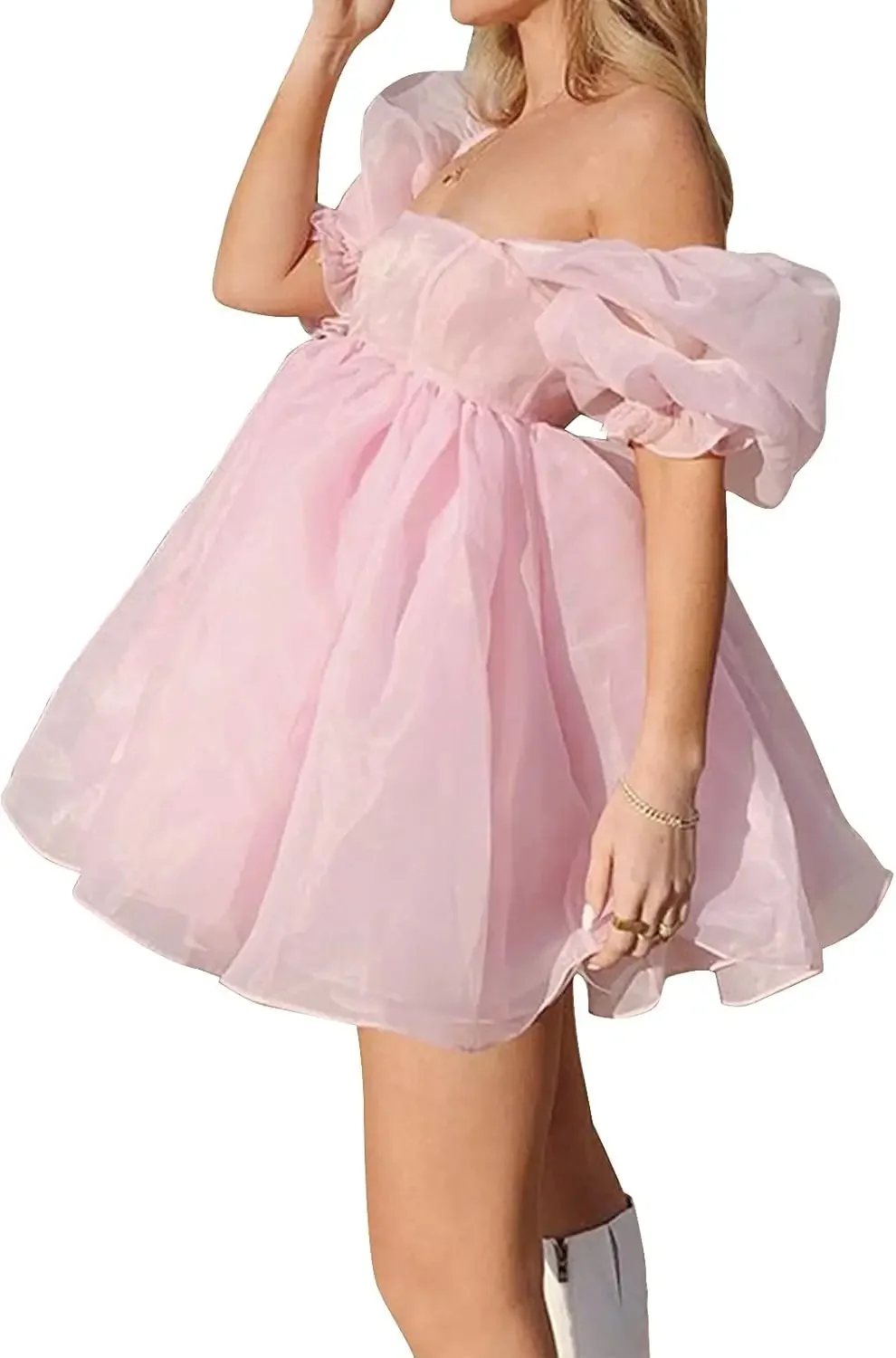 Short Prom Dress Graduation Dress Womens Off-Shoulder Ruffled Fluffy Short-Sleeved Mesh Party Mini Princess Dress