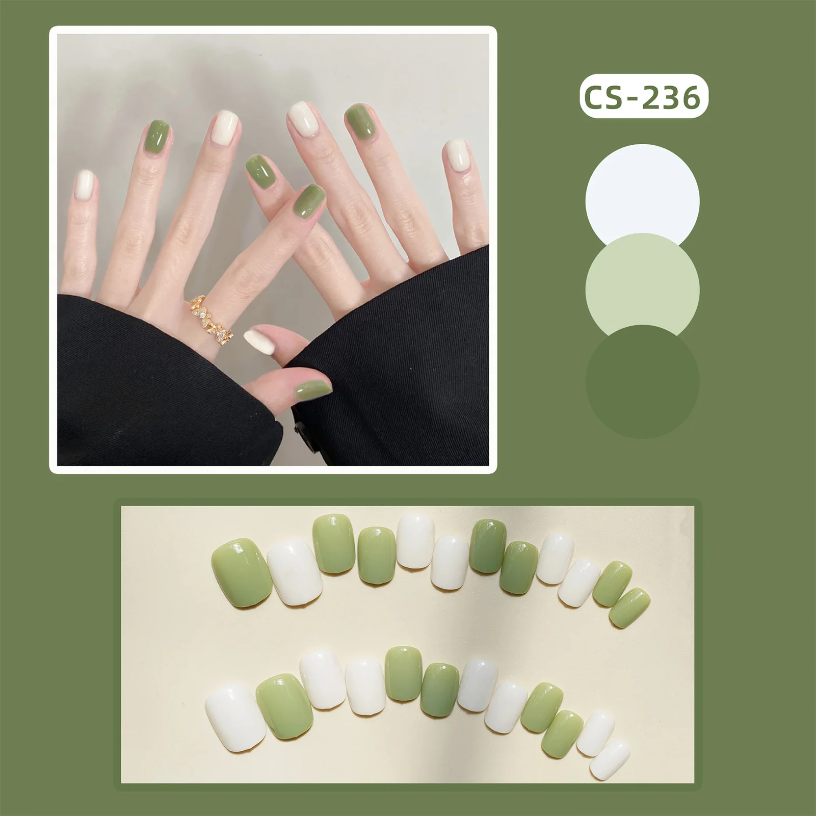 Green & White Round False Nails ABS Material No Toxic Non-Smelly Nails for Female Friends as Gift