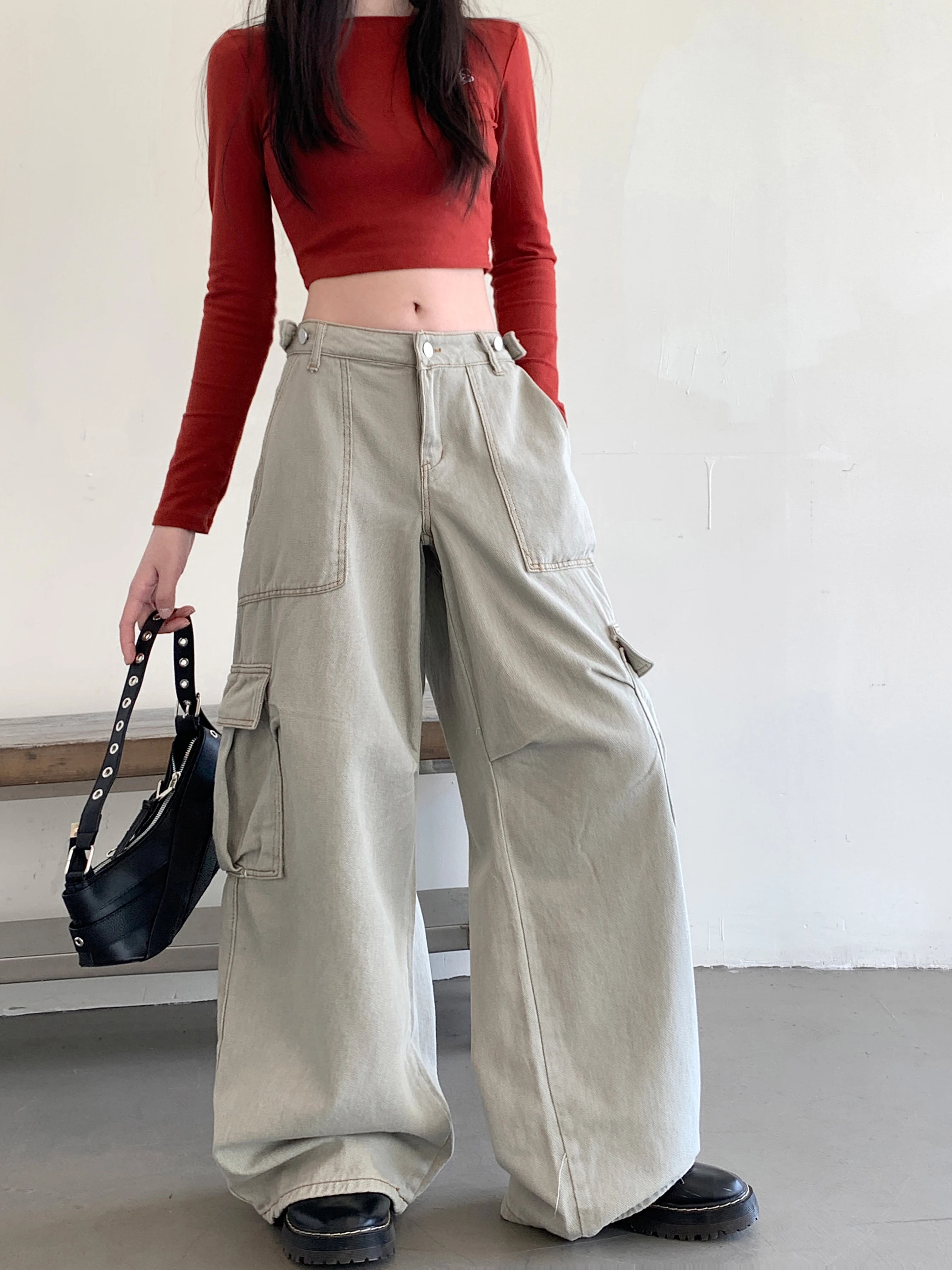 Women's Khaki Jeans Y2K Korean Version Harajuku Aesthetic 90s High Waist Loose Wide Leg Old-fashioned Jeans Pants Clothing 2025