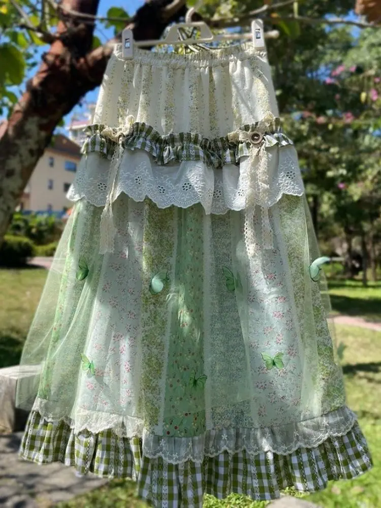 Style japonais décontracté vacances jupe femmes Resort Vintage dentelle couture jupes amples été imprimé vérifier Chic Design tenues nouveau