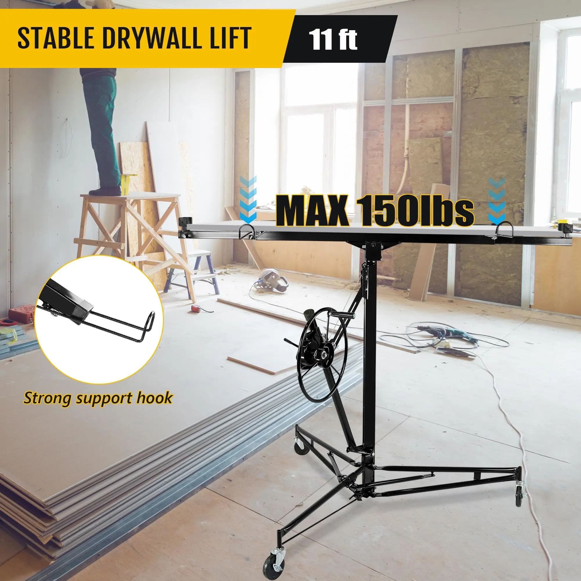 Drywall Lift 11FT, 150lb Capacity Heavy Duty Sheetrock Hoist W/Telescopic Arm & Locking Wheels, Steel Panel Lifter for Ceiling, Construction, One-Person Drywall Installation