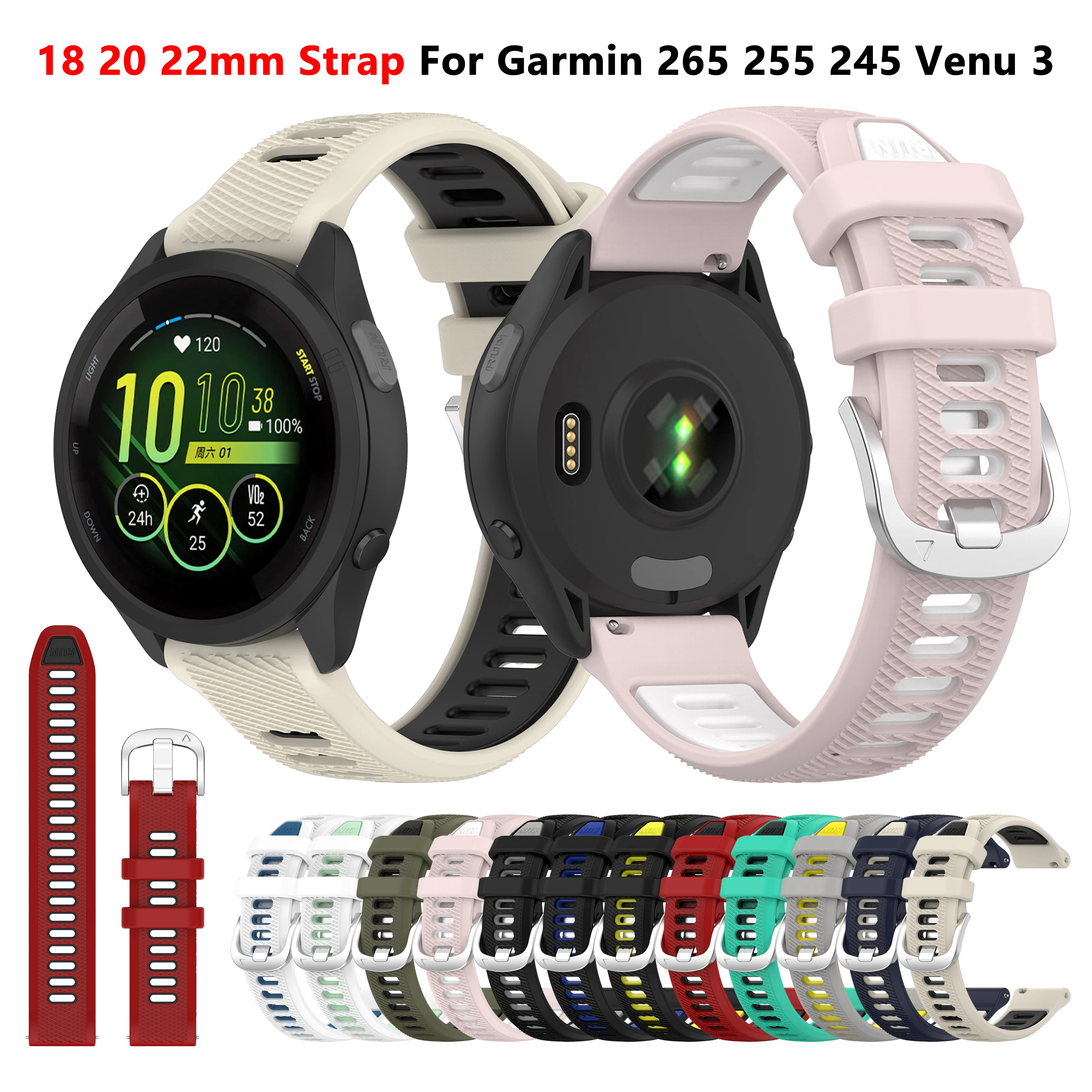 

18 20 22mm Silicone Strap for Garmin Forerunner 265 265 245 645 255S 265S vivoactive 3 4 4S Venu 2 3 3S SQ SQ2 Sport Watch band