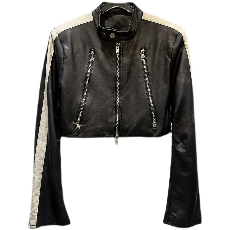 الشارع Sle الجلود Jaet تصميم مزدوج سستة الأصلي الإبداعية الساخنة فتاة ort معطف طويل Sve الوقوف طوق سستة إغلاق