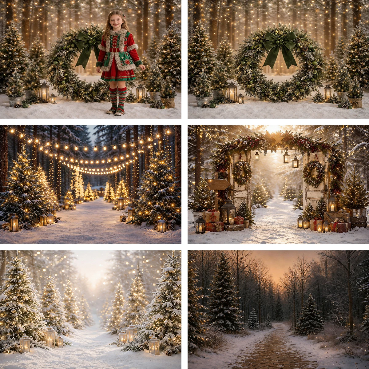 Winter Christmas Snowy Forest Pine Tree Wreath String Lights Gift Decor Photo Backdrops For Kids Family Portrait Studio Shots