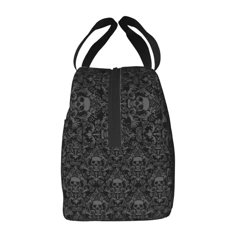 Custom Vintage Halloween Gothic Black Skull Damask Lunch Bag Portable Thermal Cooler Insulated Bento Box For Kids Food Tote Bags