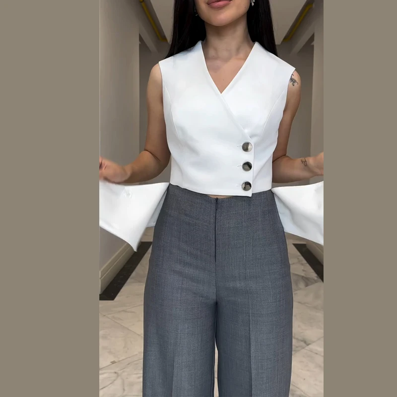 Summer Fashion Design Women\'s 2 Piece Set Office Ladies Commuter Suit Sexy V Neck Sleeveless Button Vest+Straight Leg Pants Set