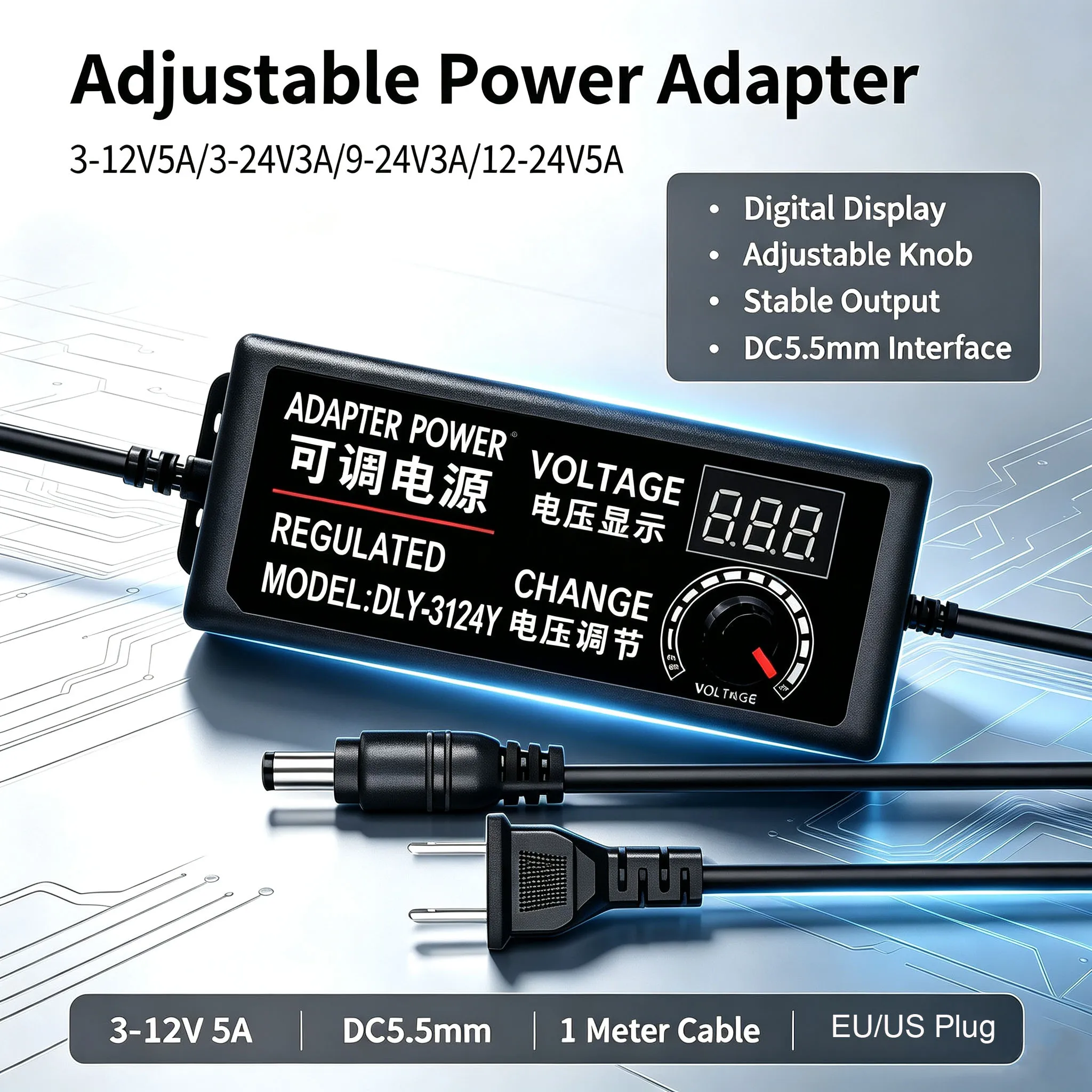 EU/US 3V-12V 3V-24V 9V-24V 12V-24V 3A 5A Adjustable Power Supply with Screen UniversaAdapter Adapter LED Lighting Transformer