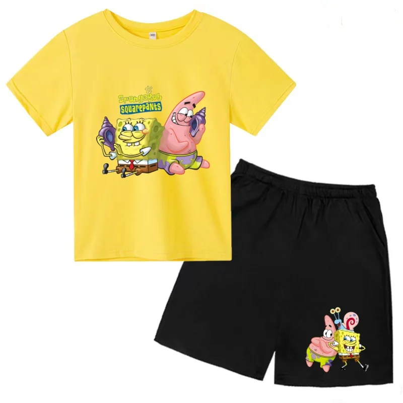 Kids 3-12 Years Summer Anime SpongeBob SquarePants Fashion T-shirt Boys Girls Toddler Short-sleeved+Shorts Casual Sportswear Set