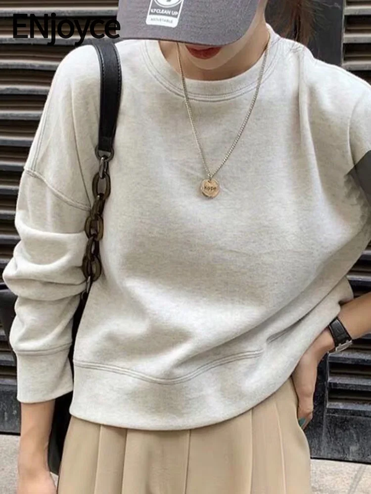 

ENjoyce Women Basic Loose Cotton Sweatshirts Korean Fashion Long Sleeve Top Y2K Streetwear Pullover Tees Spring Fall