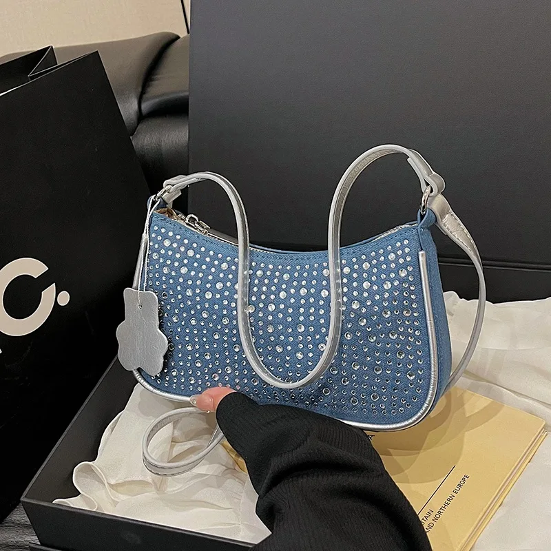 

‌2025 Korean Denim Shoulder Bag - Trendy Rivet Messenger Dumpling Bag for Women, Casual & Versatile‌