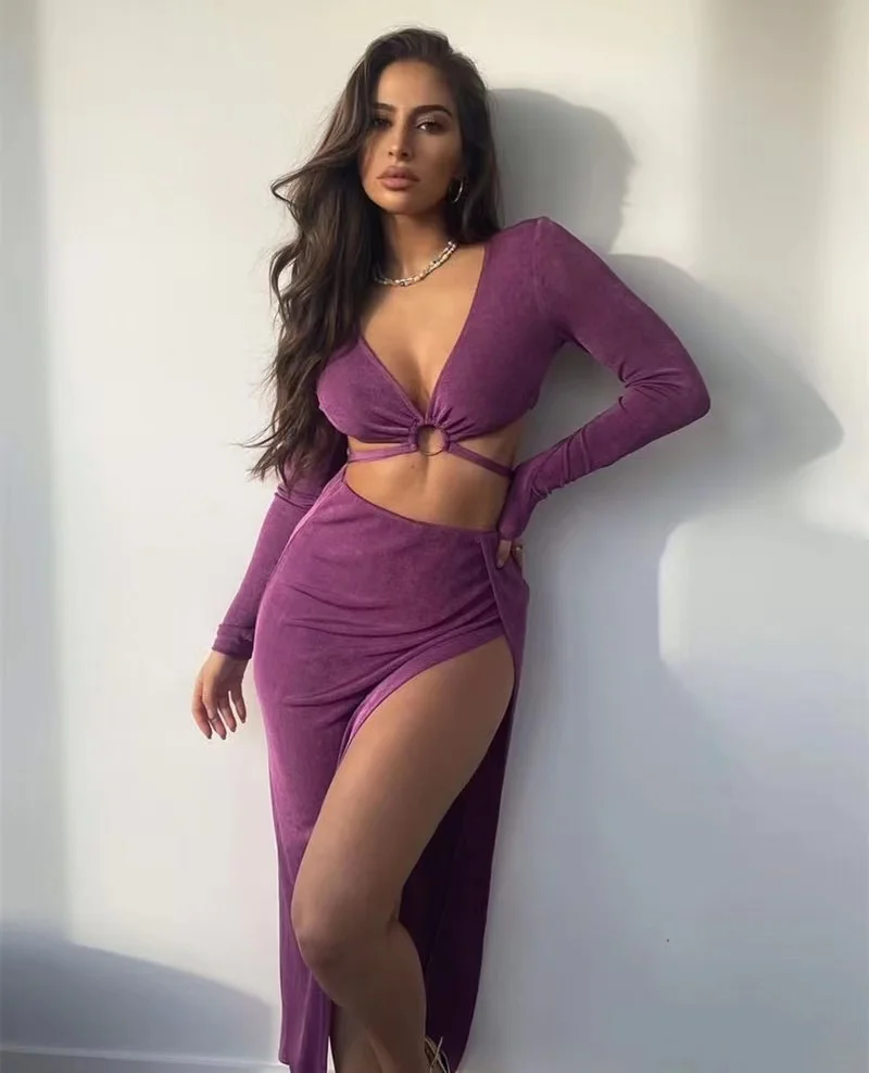 2023 New Long Sleeve Bandage Dress Sets Elegant Women Top And Skirts Sexy Club Split Skirts Two Piece Set Summer Fashion Outfits