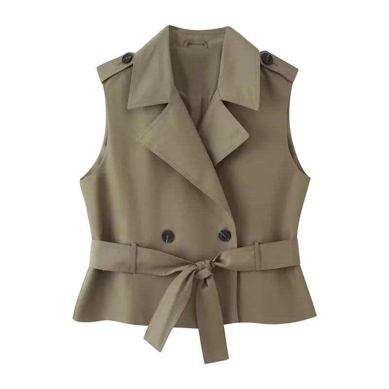 Maxdutti Women's Clothing 2026 Summer New Product Casual Strap Decoration With Waist Belt Lapel Sleeveless Vest