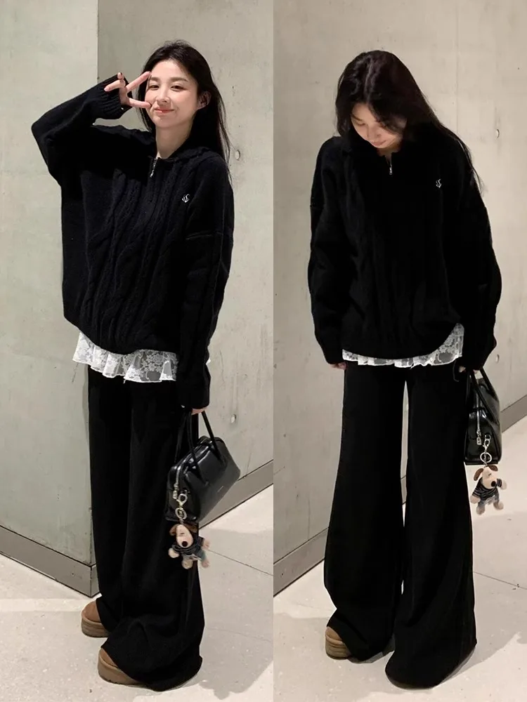 

Свободный черный вязаный свитер, женская верхняя одежда, весна 2024, новинка Lazy Sle College Faion, топ на молнии, длинный воротник све