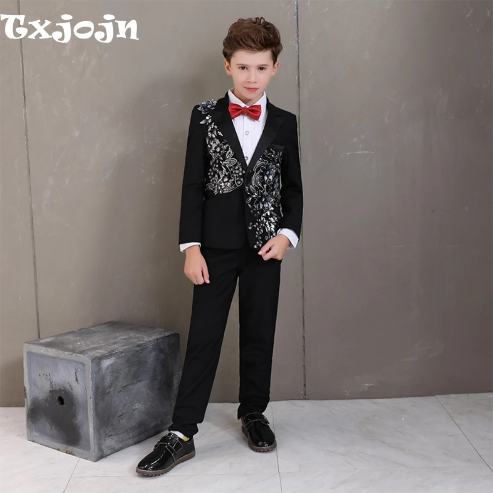 Exquisite Sparkling Boys Suits 2 Pieces Piano Performance Outfit,Black Elegant Kids Suit Set For Party,Peak Lapel Tuxedo On Sale