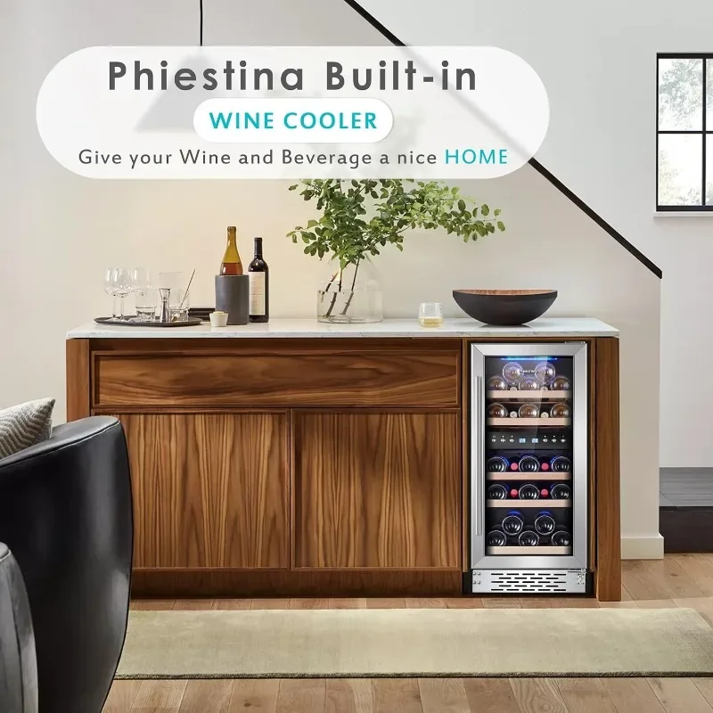 Phiestina Wine Cooler, 15 inch Built-in/Freestanding Wine Refrigerator, 29 Bottles Dual Zones Small Fridge with Memory Function