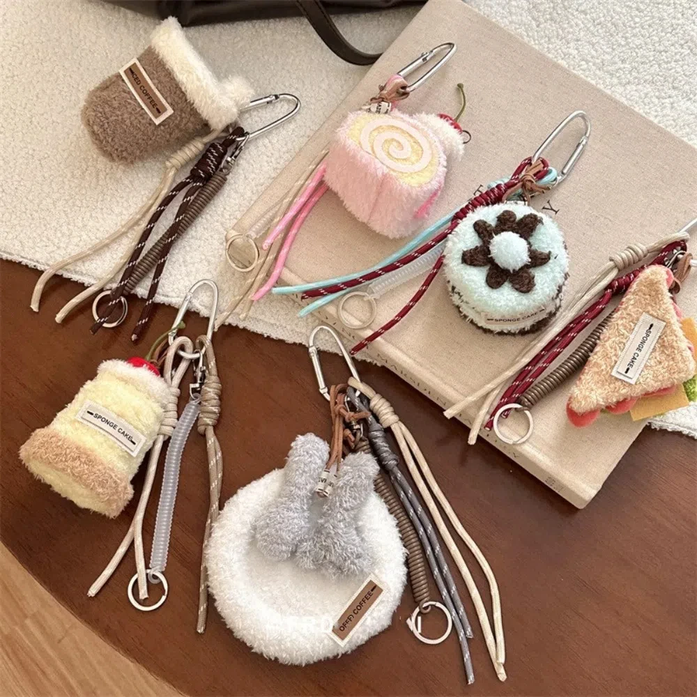 Cute 3D Sandwich Cake Plush Keychain Afternoon Tea Series Dessert Coffee Backpack Bag Pendant Gifts Nylon Rope Hanging